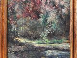 an oil painting of a river in a wooded area with trees in the background