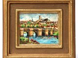 une peinture à l'huile représentant un pont enjambant une rivière, sur lequel se trouve un bateau