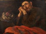 an old painting of a man sitting in a chair with his hand on his chin