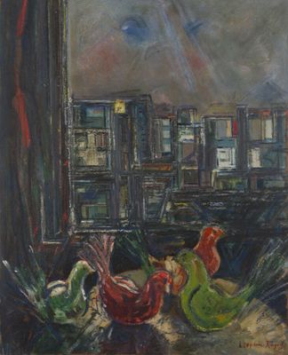 une peinture à l'huile représentant un rebord de fenêtre avec un paysage urbain en arrière-plan
