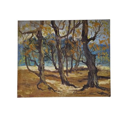an oil painting of a group of trees in a field