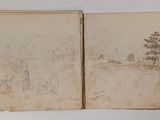 an old book with a drawing of a landscape on it