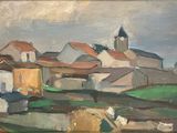 une peinture à l'huile représentant un village avec une église à l'arrière-plan