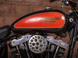 a close up of a harley davidson motorcycle with a brick wall in the background