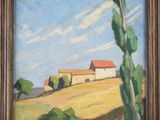une peinture à l'huile représentant un paysage avec une maison et des arbres