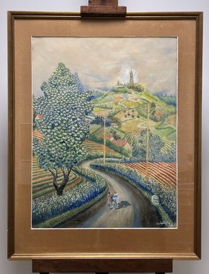 une peinture à l'huile d'un paysage avec une route et des arbres