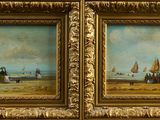 three paintings of people on a beach with boats in the background