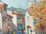 une peinture représentant une scène de rue avec une tour horloge en arrière-plan