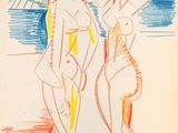 un dessin représentant deux femmes debout l'une à côté de l'autre sur une plage