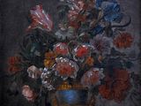 painting of a vase of flowers on a table in front of a dark background