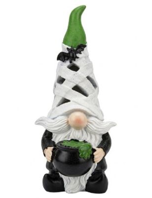 un gros plan sur la statue d'un gnome tenant un pot