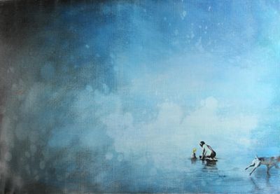 un tableau représentant un homme et un chien dans un bateau