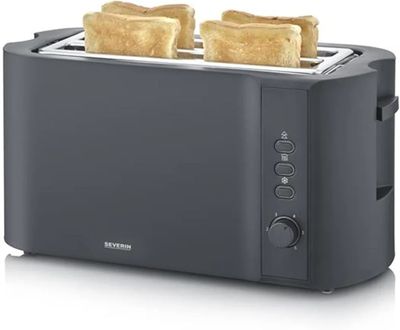 black toaster with two slices of toast sitting on top of it