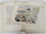 two pages of a book with a drawing of people sitting at a table
