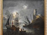 un tableau représentant des bateaux sur un plan d'eau, avec un château en arrière-plan
