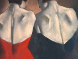 painting of two women in red and white dresses facing each other