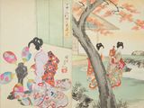 a painting of a woman in a kimono sitting under a tree and another woman in a kimono sitting under a tree