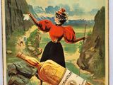 une vieille affiche représentant une femme tenant une bouteille d'alcool