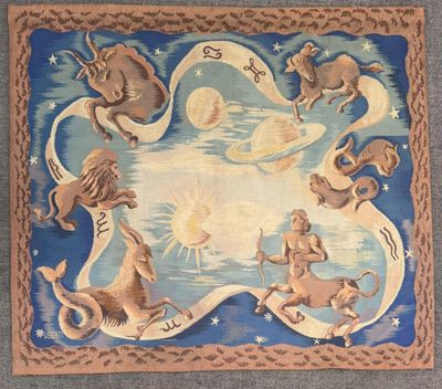 peinture représentant les signes du zodiaque sur un fond bleu, avec des étoiles et des nuages