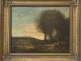 an image of a painting of a landscape with trees in the foreground
