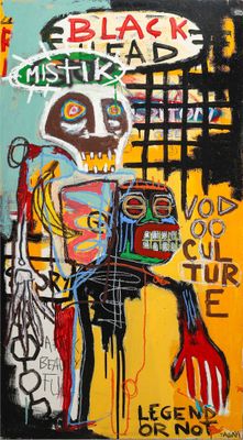a painting of a man sitting on top of a chair next to a wall