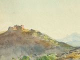 a painting of a mountain with a castle on top of it