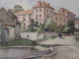une aquarelle représentant un bâtiment devant lequel se trouve un cheval attelé à une calèche