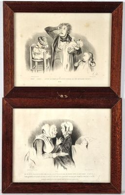 two framed prints of a woman and a man with a child