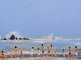 tableau représentant un groupe de personnes marchant sur une plage au bord de la mer