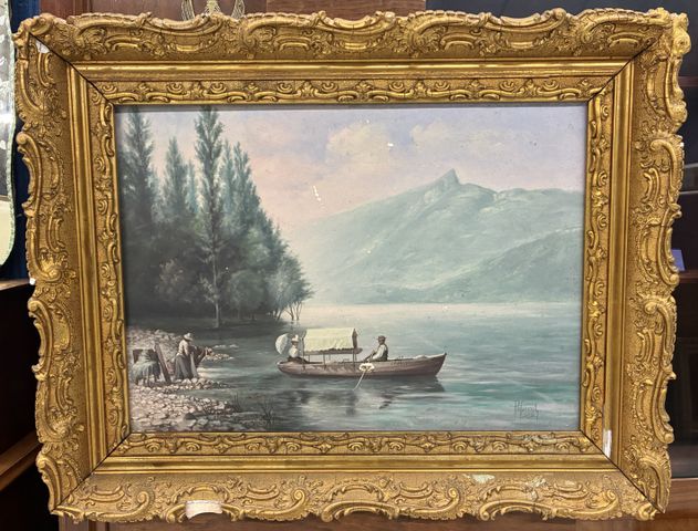 PALSERAT. « Promenade lacustre ». Huile sur toile signée en bas à