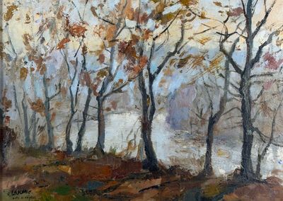 an oil painting of trees in a wooded area with a river in the background