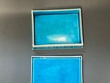 two blue trays sitting on a gray surface next to each other