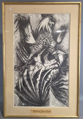 tableau représentant un zèbre et un oiseau, dans un cadre doré sur fond bleu