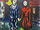 une peinture à l'huile représentant deux personnes marchant dans une rue