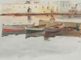 an image of a painting of boats in a body of water with buildings in the background