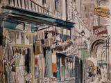 a drawing of a street scene with people walking down the street