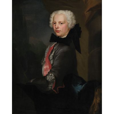 un tableau représentant un homme aux cheveux blancs, vêtu d'un manteau noir et d'une cravate rouge
