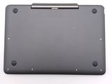 the back of a black laptop with a silver handle