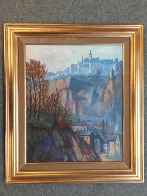 une peinture à l'huile représentant un château sur une colline, entouré d'arbres