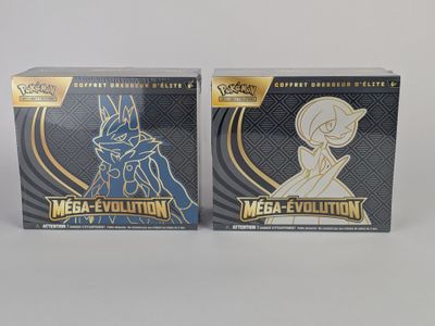 deux boîtes de cartes à collectionner Pokémon « Méga-Évolution » posées sur une surface blanche