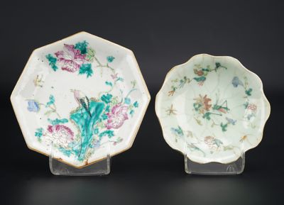 pair of chinese famille plates with flowers and birds