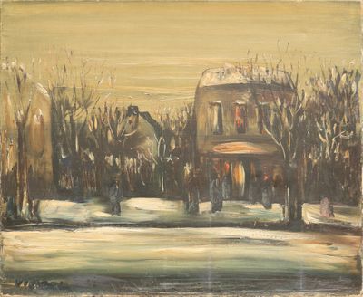 une peinture à l'huile représentant une maison dans la neige, avec des arbres au premier plan