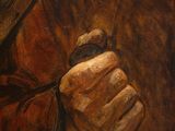 an oil painting of a man holding a bird in his hand
