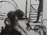 drawing of a woman sitting in front of a mirror in a room