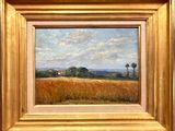 an oil painting of a field of wheat with a house in the distance