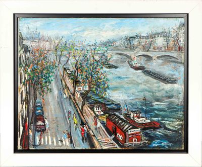 painting of a view of a river with boats and a bridge in the distance