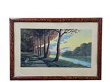 painting of a landscape with trees and a river in the foreground