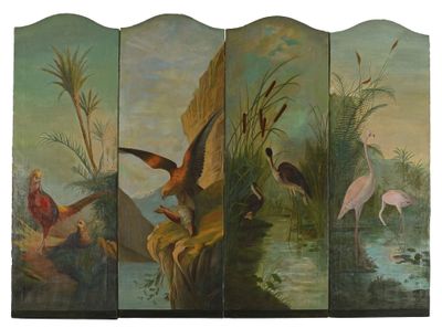 tableau représentant des oiseaux dans un paysage au bord d'une rivière, avec une montagne en arrière-plan