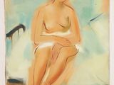 an oil painting of a woman sitting on a chair