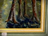 a painting of a man riding a horse in the woods